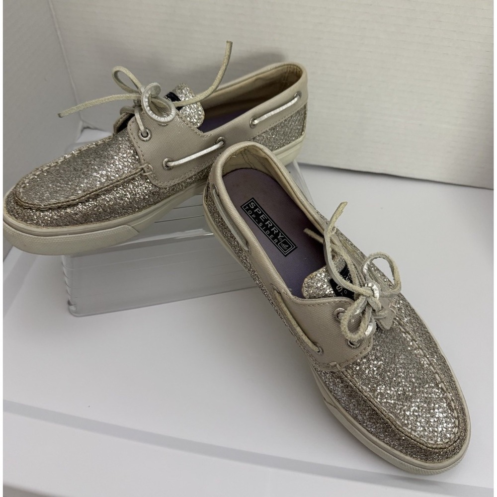 Sperry Top-Sider Bahama Silver Glitter Boat Woman Shoes Size 7.5 M